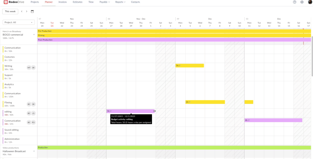 Adjusting planned time activity in Rodeo Drive's planner feature