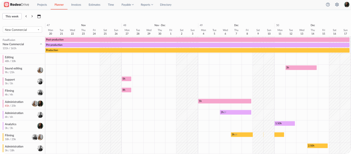 Screenshot of Rodeo Drive's planner timeline view