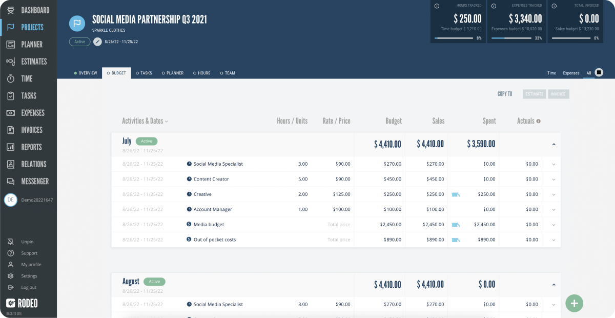 Screenshot of Rodeo's budget page