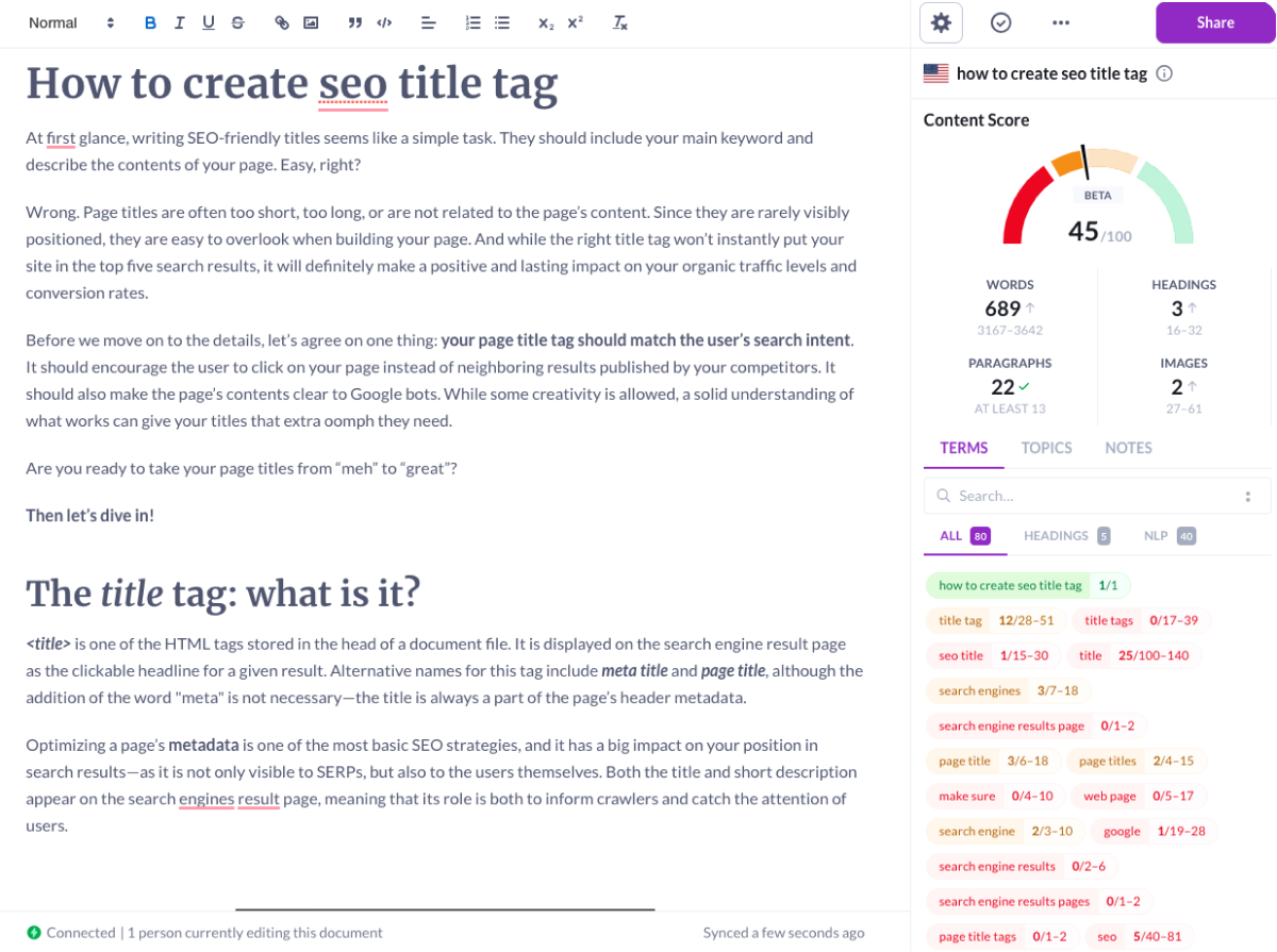 Surfer SEO's content tool