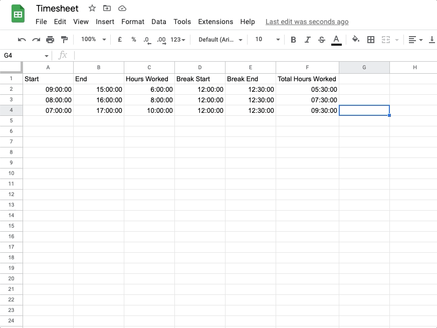 Google sheets total time worked