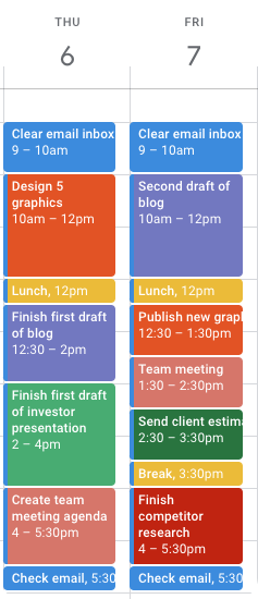 Example of time boxing in a Google Calendar screenshot. 